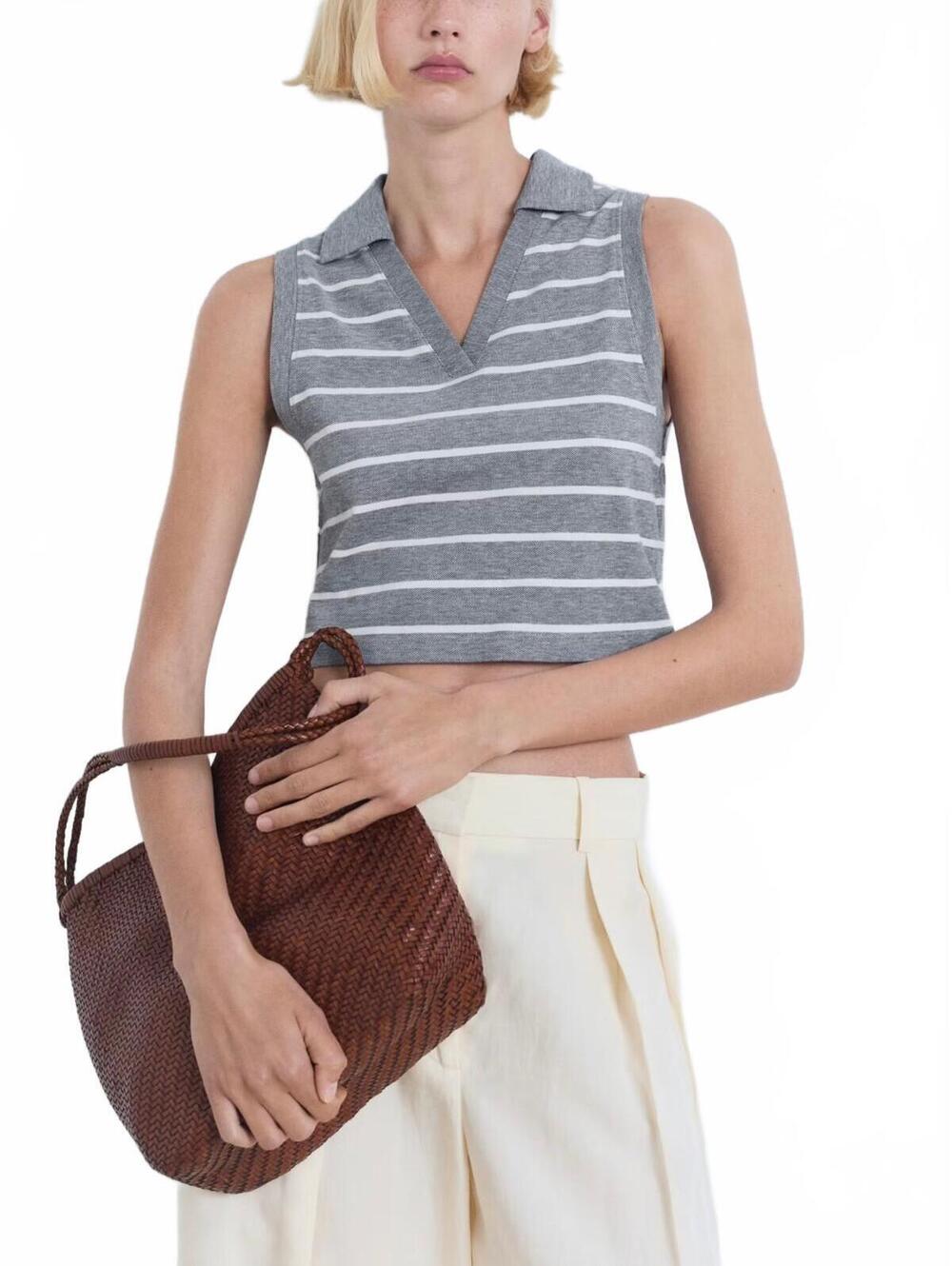 Mango Striped Cropped Polo Shirt NWT Blue XL